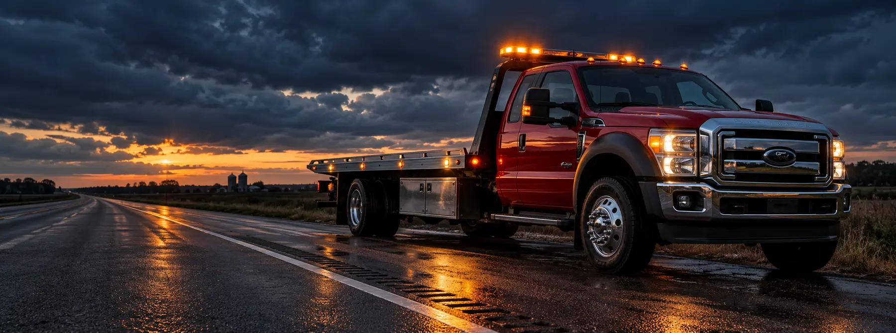Red rollback tow truck ready beside an Iowa highway at dusk