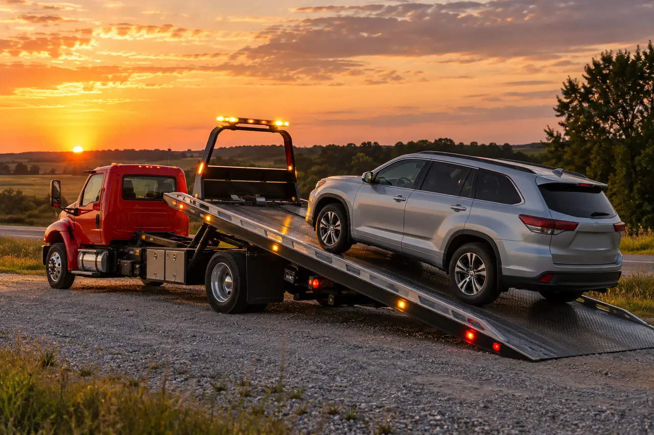 Red rollback loading a silver SUV during a vehicle recovery