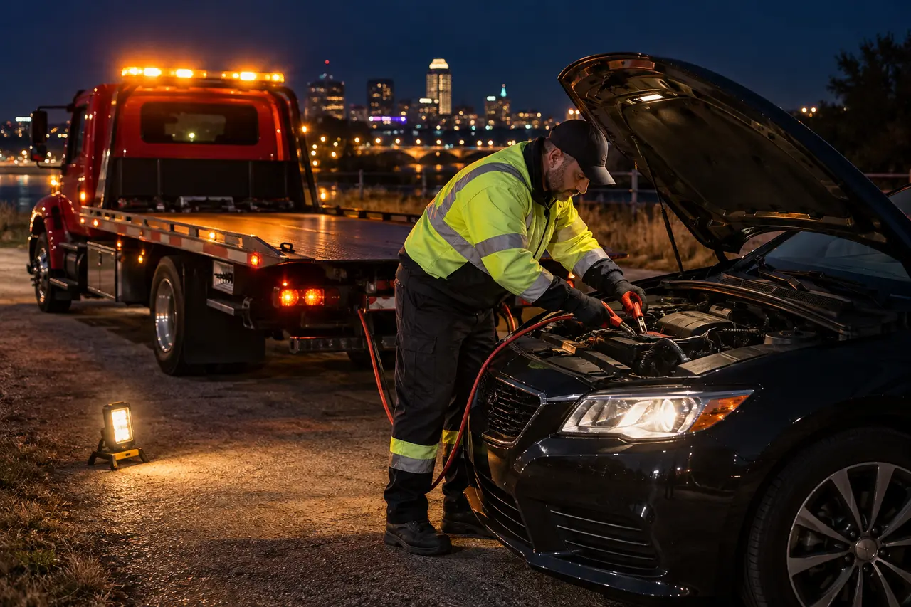 Roadside operator helping a disabled vehicle at night